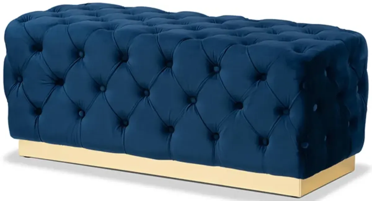 Baxton Studio Corrine Glam and Luxe Navy Blue Velvet Fabric Upholstered and Gold PU Leather Ottoman
