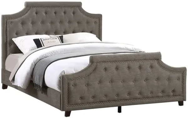 Gia Upholstered King Size Bed, Clipped Corners, Rich Brown Polyester Fabric - Benzara
