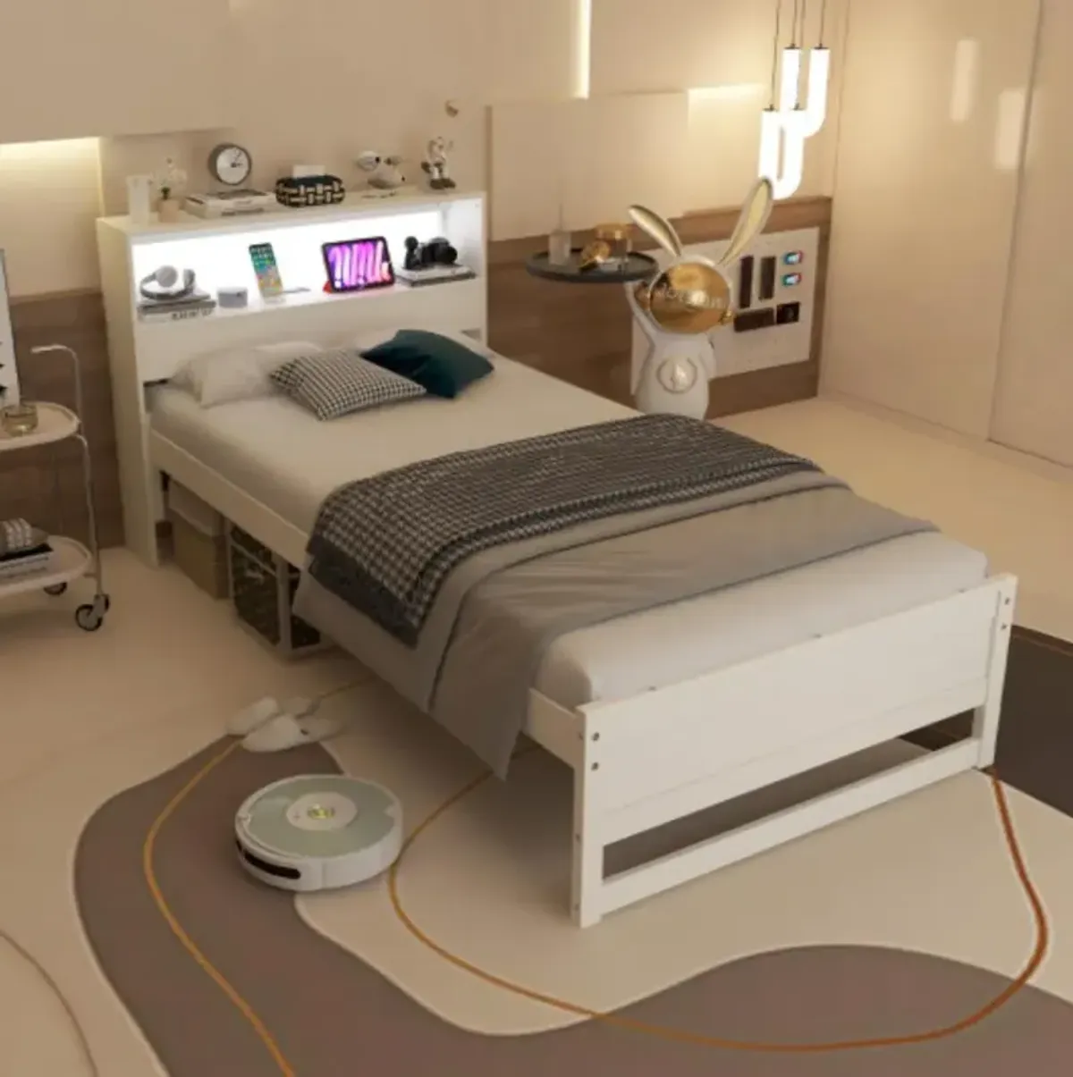 Twin Size Bed Frame with Storage Headboard and Charging Station
