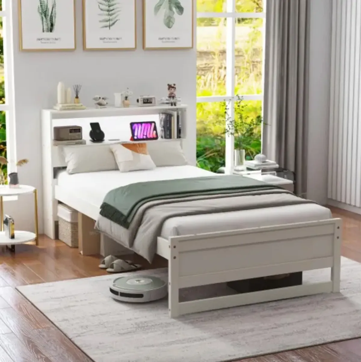 Twin Size Bed Frame with Storage Headboard and Charging Station