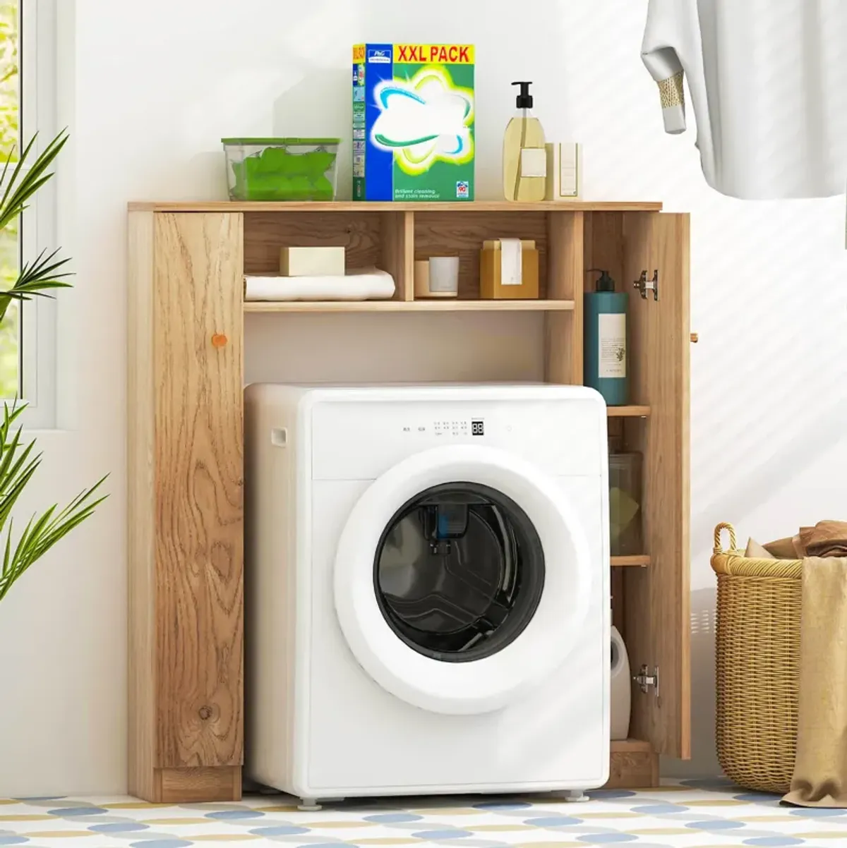 Over The Toilet Storage Cabinet with 2 Open Compartments and 4 Adjustable Shelves