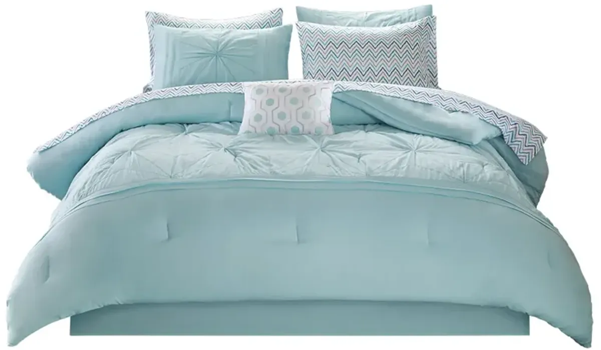 Gracie Mills Fionnuala Solid Embroidered Comforter Set with Chevron Sheets and Decorative Pillow