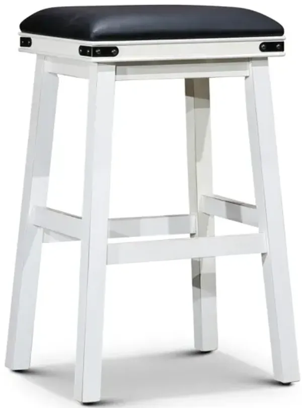 30" Barstool, Antique White Finish, Black Leather Seat