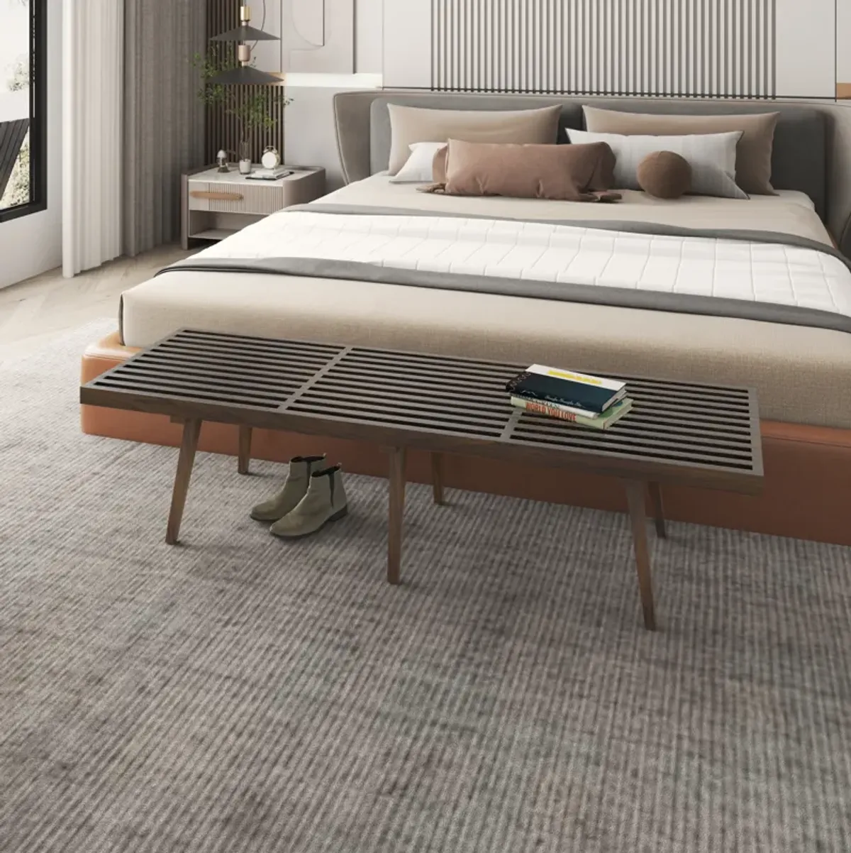 LeisureMod 72" Entryway Bench, Rubberwood Frame & Beech Wood Legs, Slatted Design for Bedroom, Living Room, Hallway – Modern Home Inwood Collection