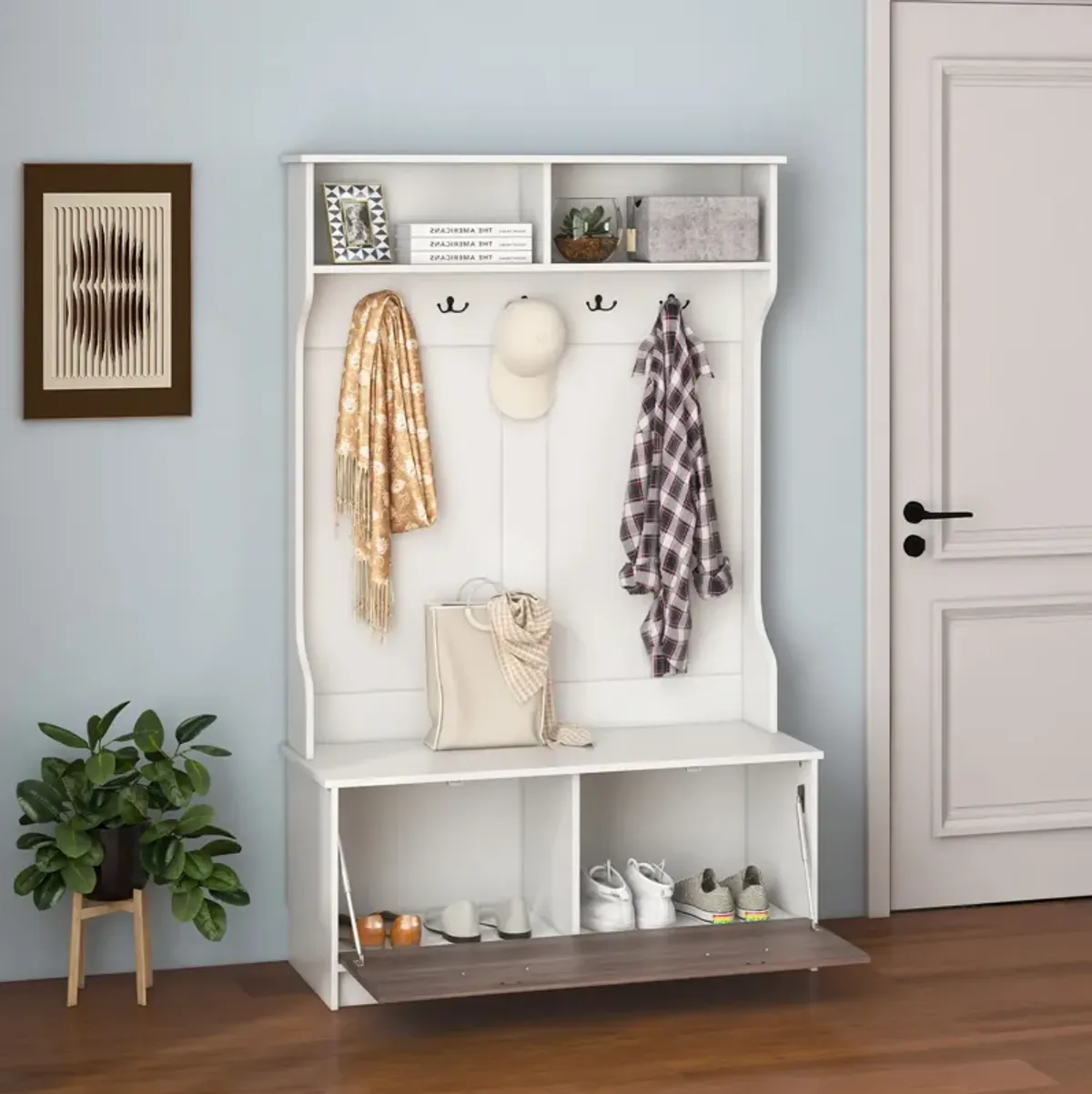 3 in 1 Coat Rack with Entryway Bench and Hooks and Enclosed Cabinet