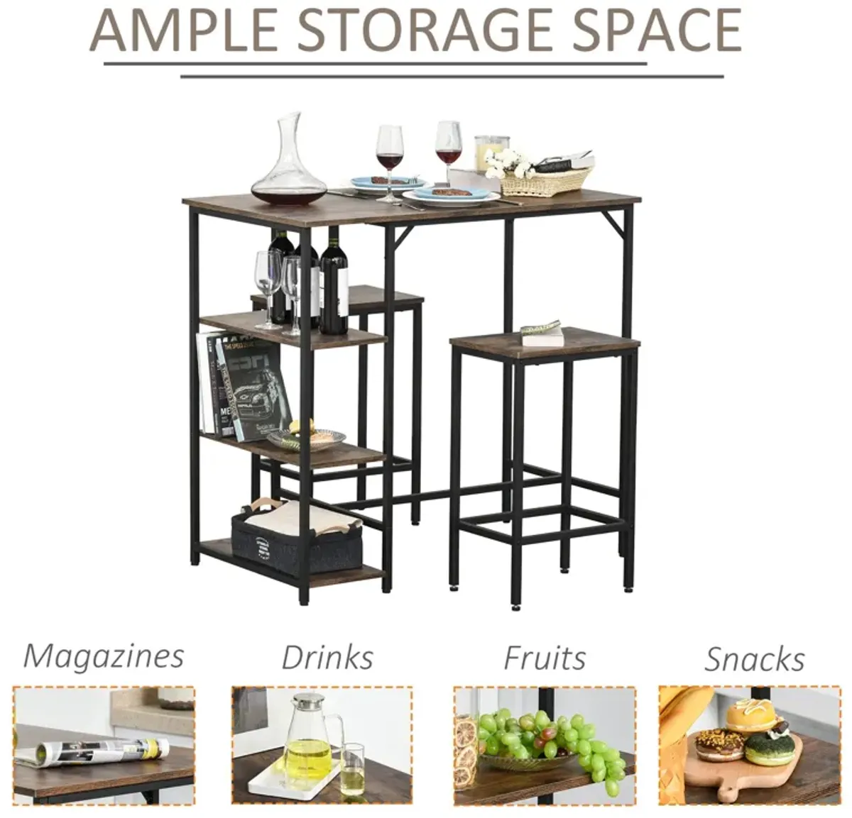 Rustic Bar Dining: 3-Piece Set with Brown/Black Table and Storage Stools