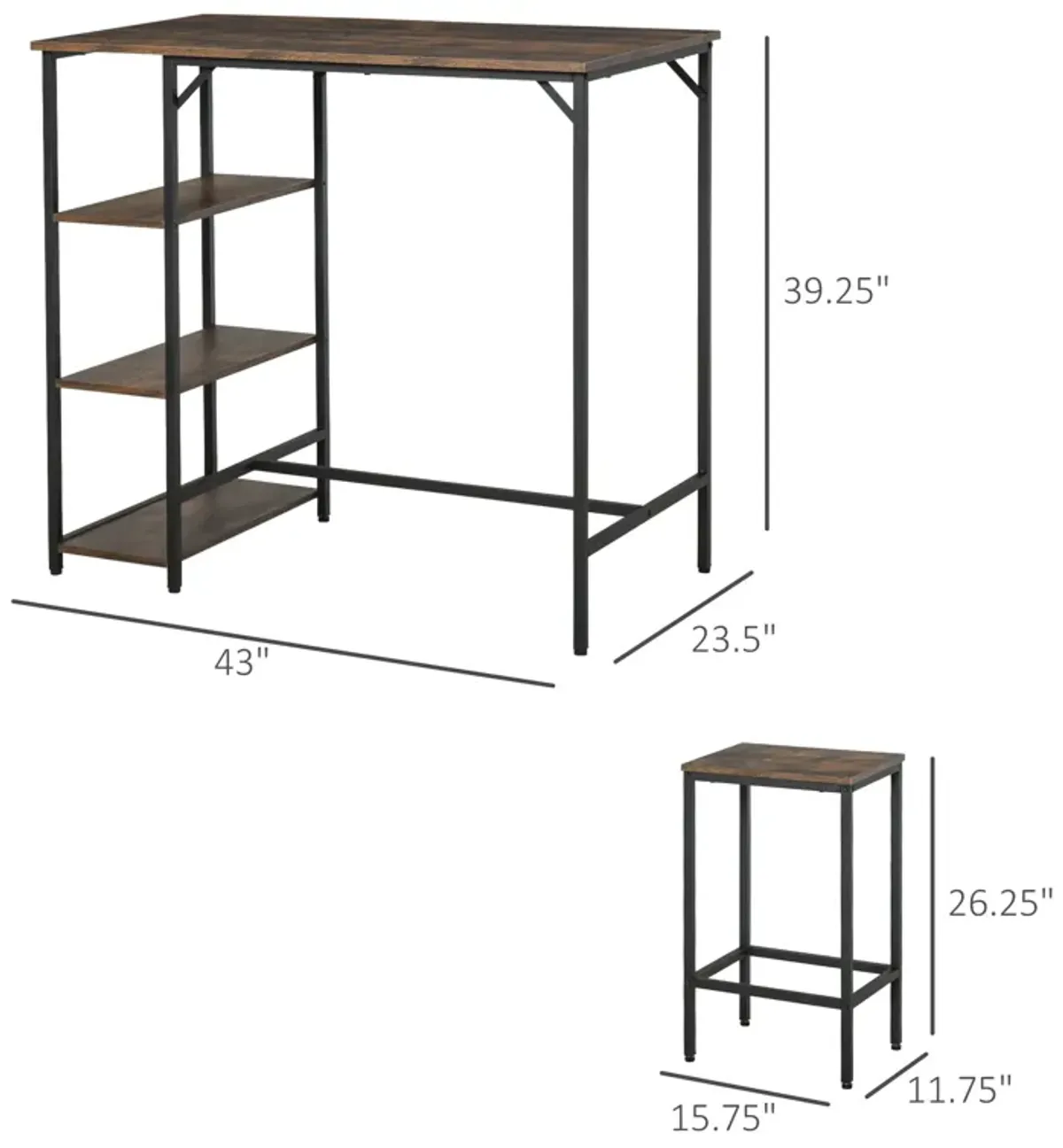 Rustic Bar Dining: 3-Piece Set with Brown/Black Table and Storage Stools