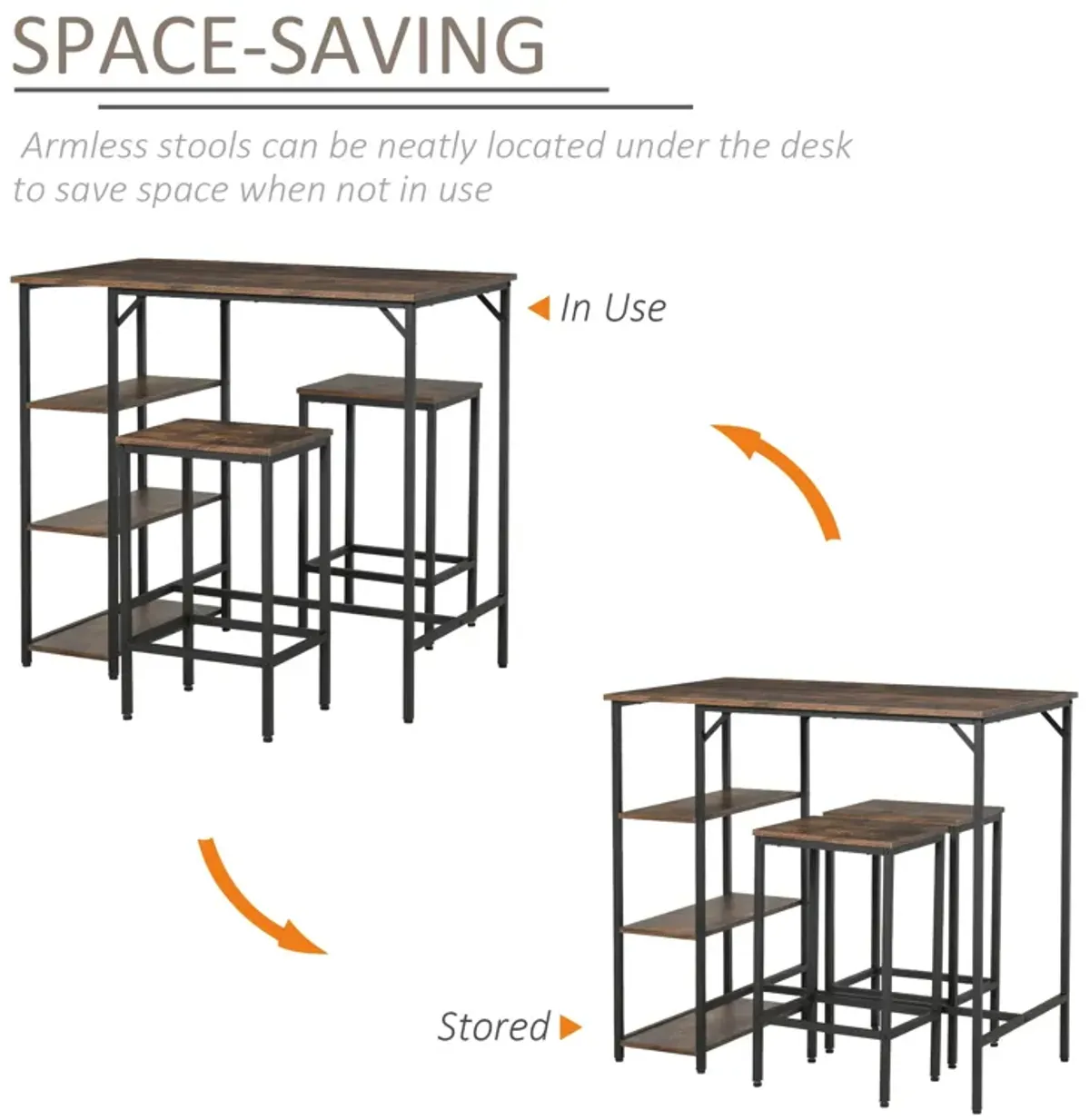 Rustic Bar Dining: 3-Piece Set with Brown/Black Table and Storage Stools