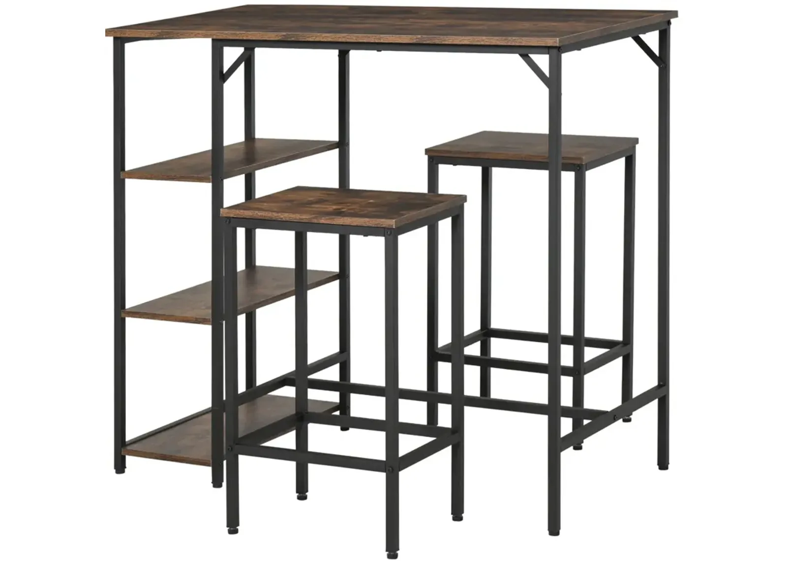 Rustic Bar Dining: 3-Piece Set with Brown/Black Table and Storage Stools