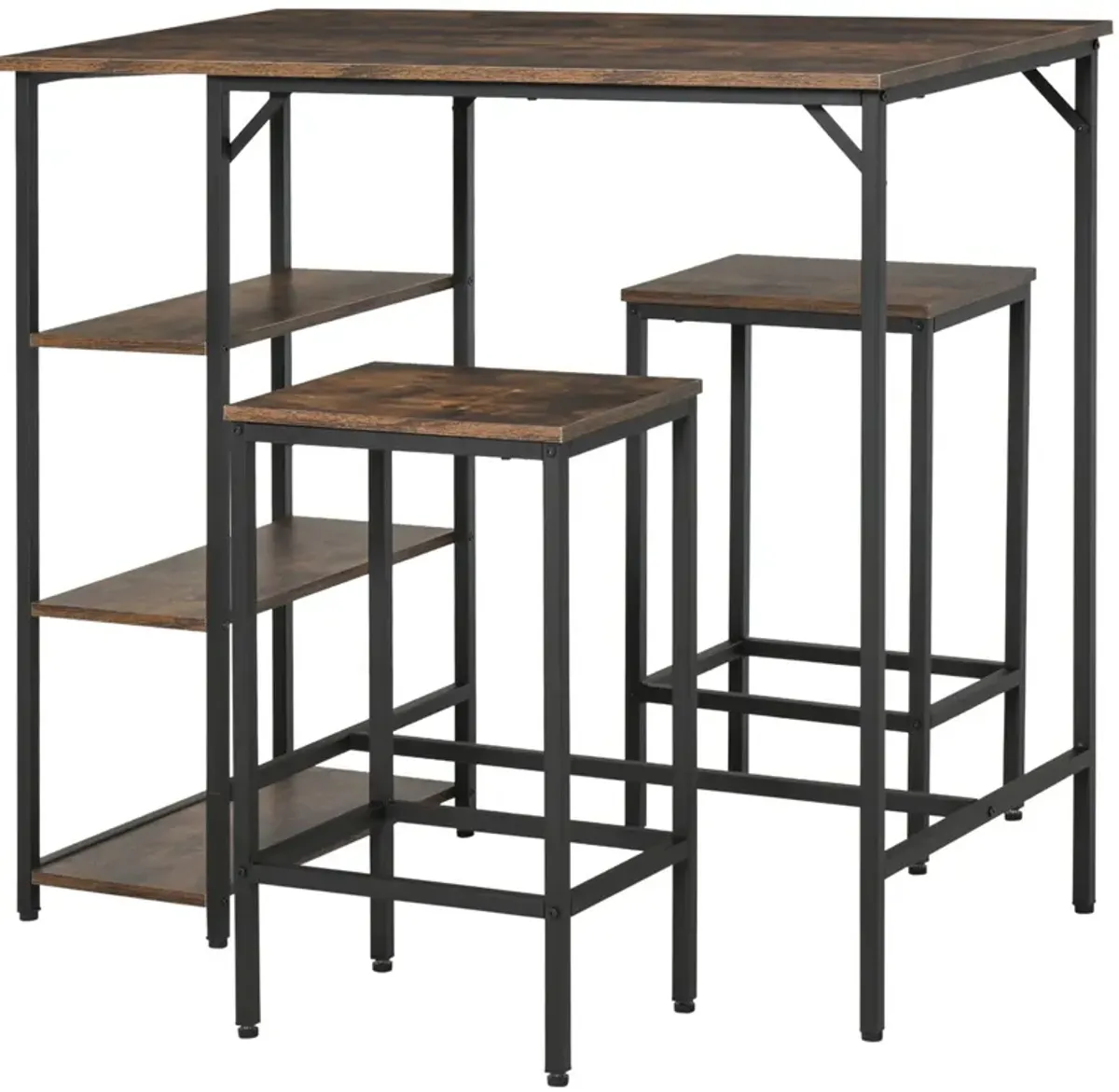 Rustic Bar Dining: 3-Piece Set with Brown/Black Table and Storage Stools