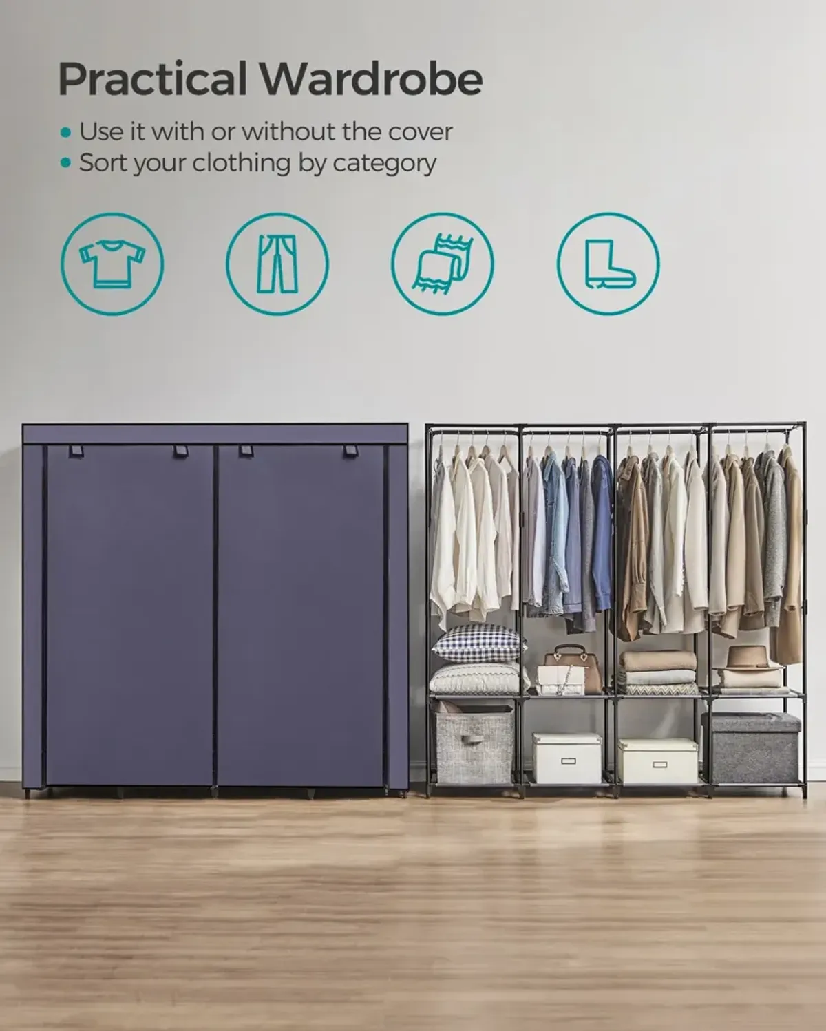 Portable Closet with Cover 4 Hanging Rods and Shelves