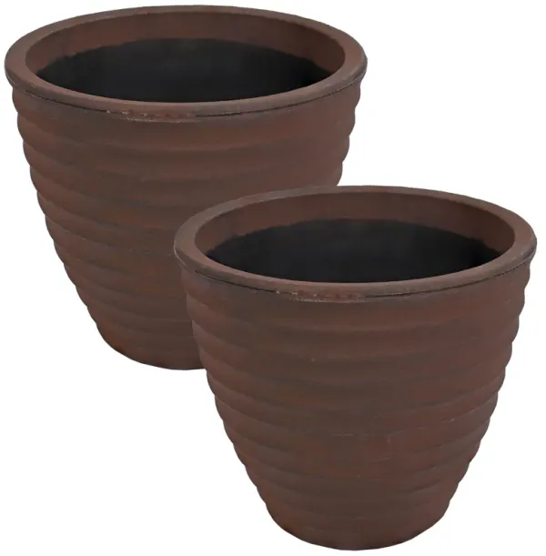 Sunnydaze 13 in Ribbed Polyresin Outdoor Planter - Rust - Set of 2