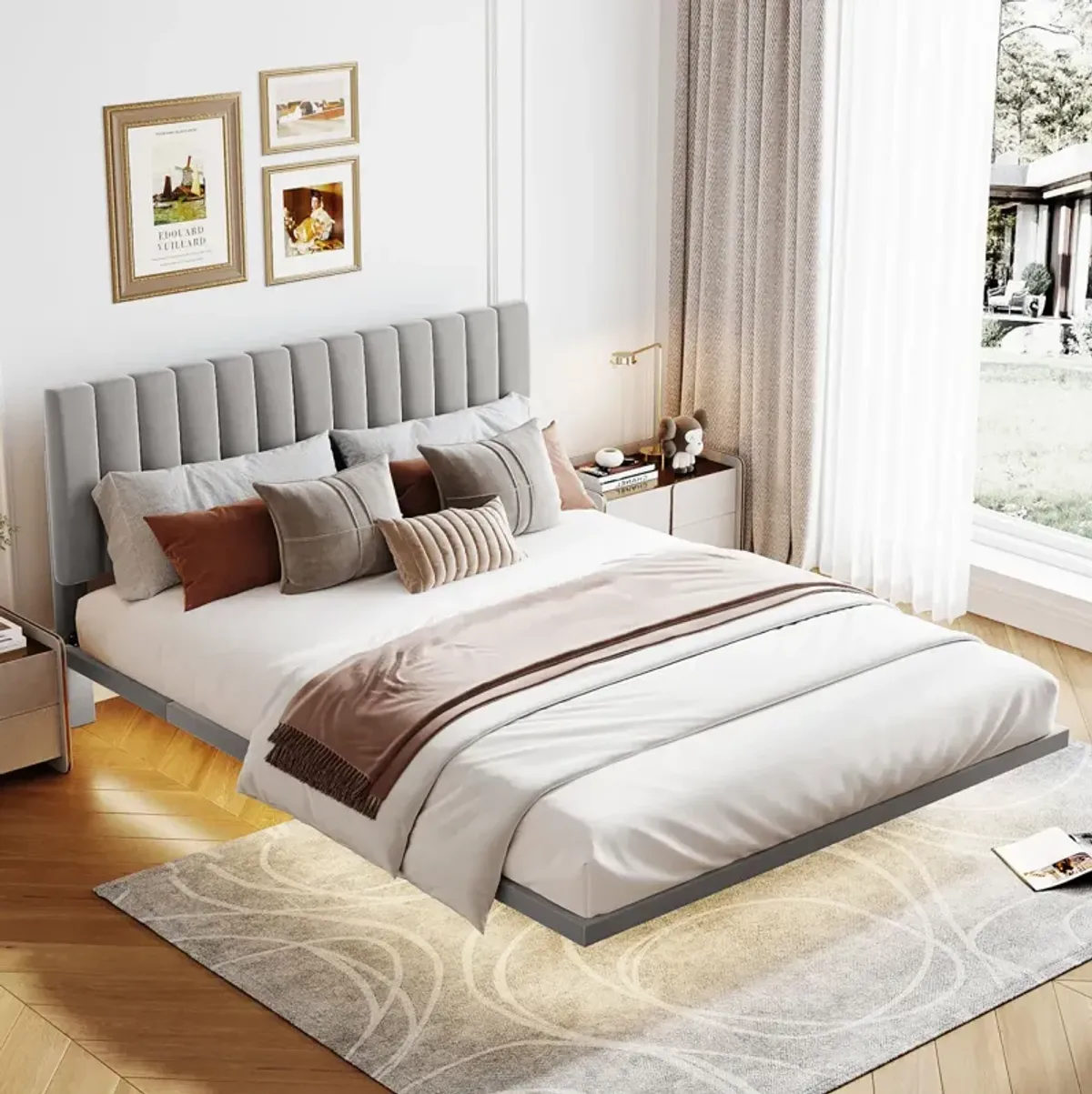 Queen Size Upholstered Bed With Sensor Light And Headboard, Floating Velvet Platform Bed, Gray