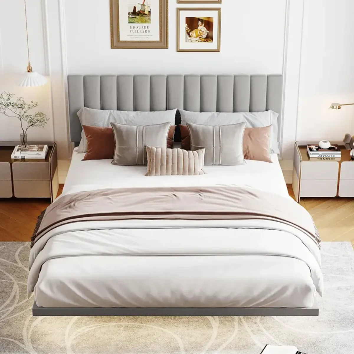 Queen Size Upholstered Bed With Sensor Light And Headboard, Floating Velvet Platform Bed, Gray