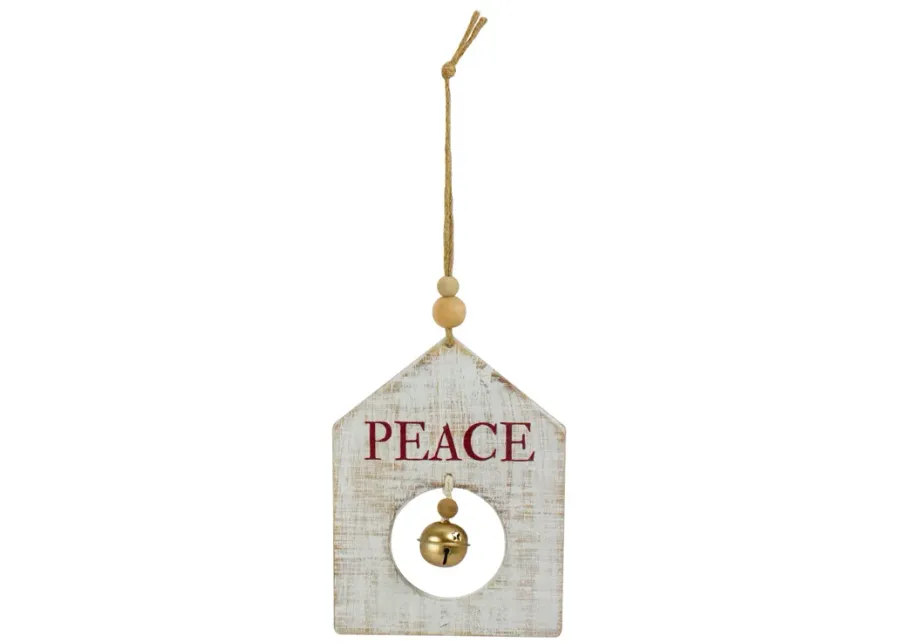 8" White Wooden "Peace" With Gold Bell Christmas Ornament