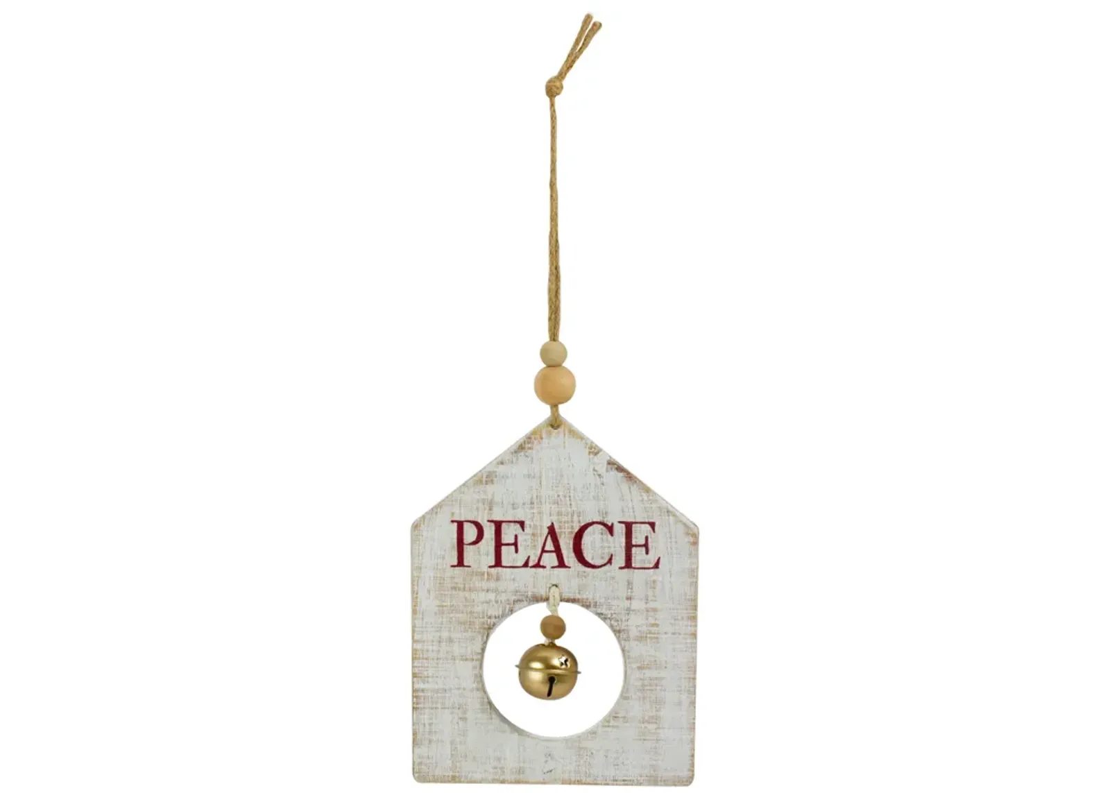 8" White Wooden "Peace" With Gold Bell Christmas Ornament