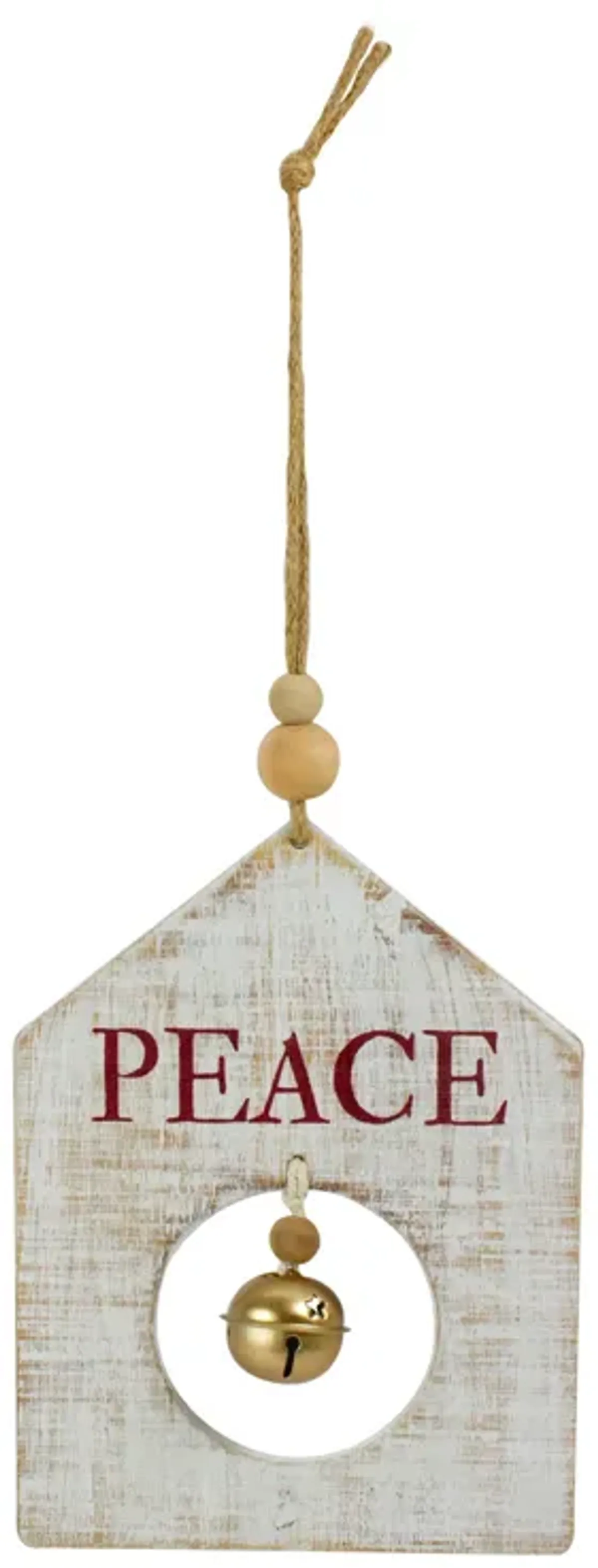 8" White Wooden "Peace" With Gold Bell Christmas Ornament