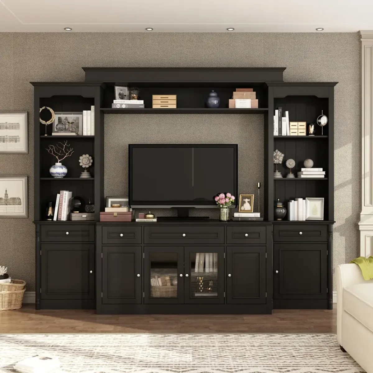 FUFU&GAGA Modern Black TV Stand with 7 Storage Compartments, P2 MDF, Black Finish (104.3" W x 82.3" H x 17.4" D), Black