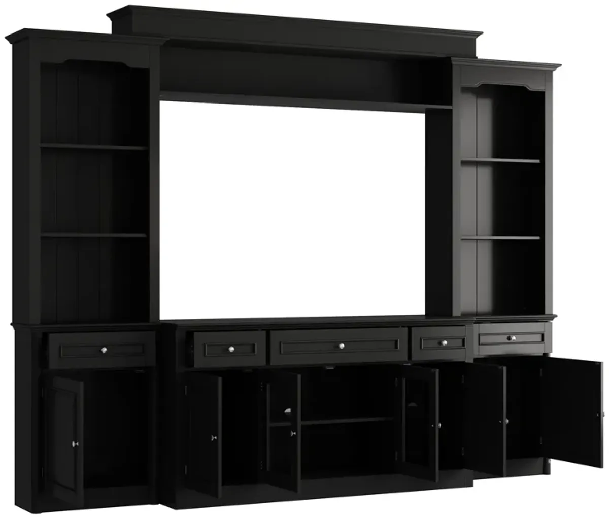 FUFU&GAGA Modern Black TV Stand with 7 Storage Compartments, P2 MDF, Black Finish (104.3" W x 82.3" H x 17.4" D), Black