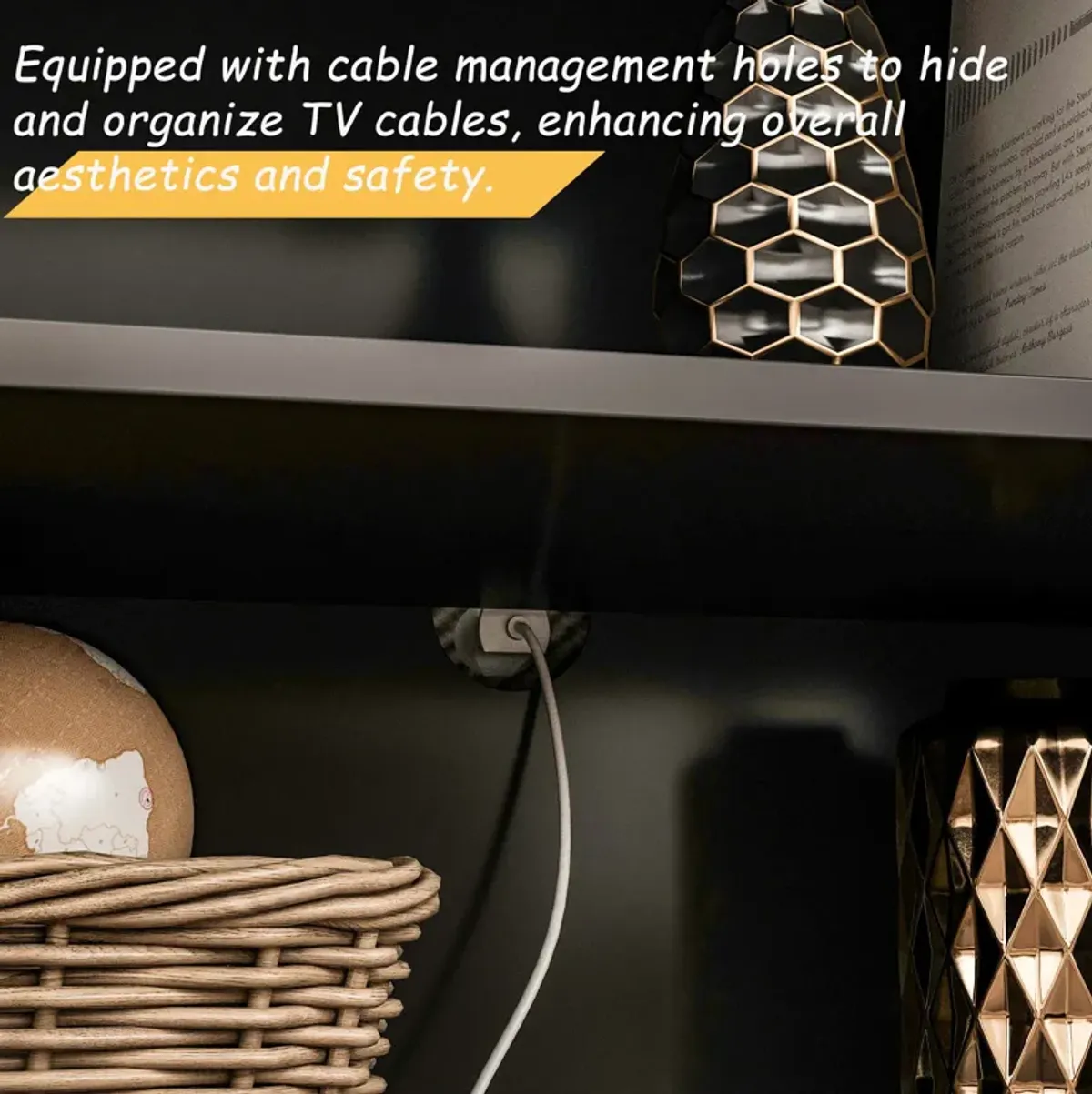 FUFU&GAGA Modern Black TV Stand with 7 Storage Compartments, P2 MDF, Black Finish (104.3" W x 82.3" H x 17.4" D), Black