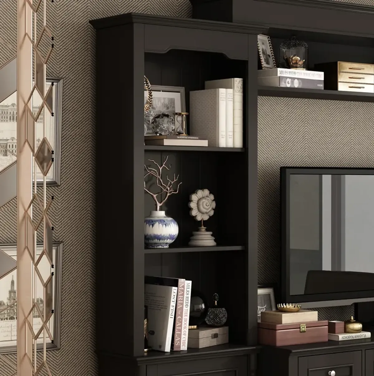 FUFU&GAGA Modern Black TV Stand with 7 Storage Compartments, P2 MDF, Black Finish (104.3" W x 82.3" H x 17.4" D), Black