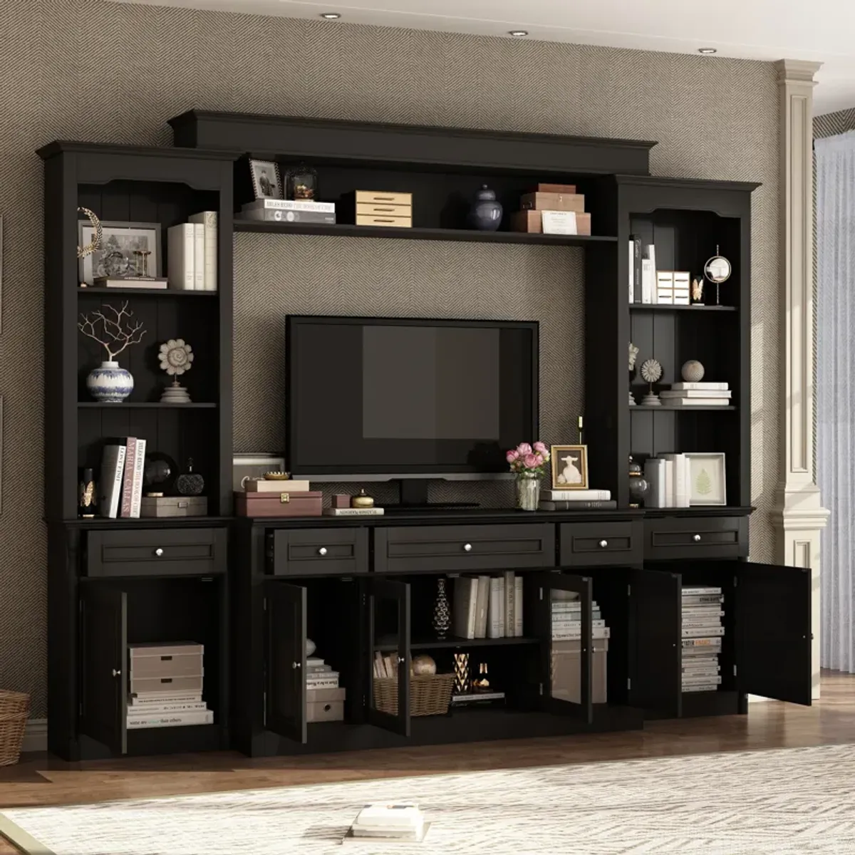 FUFU&GAGA Modern Black TV Stand with 7 Storage Compartments, P2 MDF, Black Finish (104.3" W x 82.3" H x 17.4" D), Black