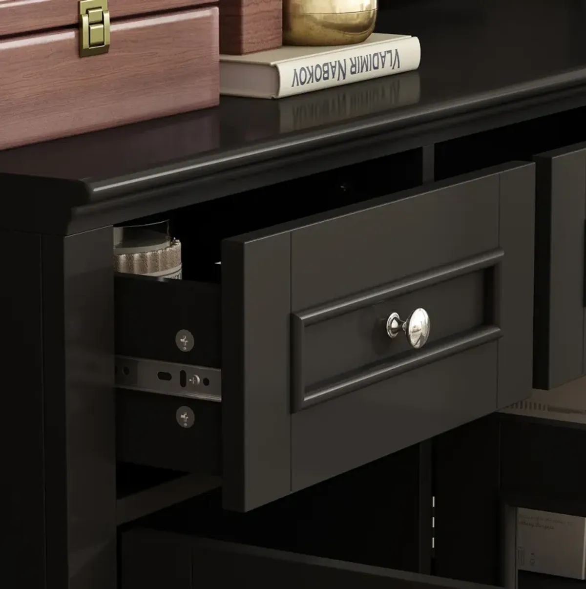FUFU&GAGA Modern Black TV Stand with 7 Storage Compartments, P2 MDF, Black Finish (104.3" W x 82.3" H x 17.4" D), Black