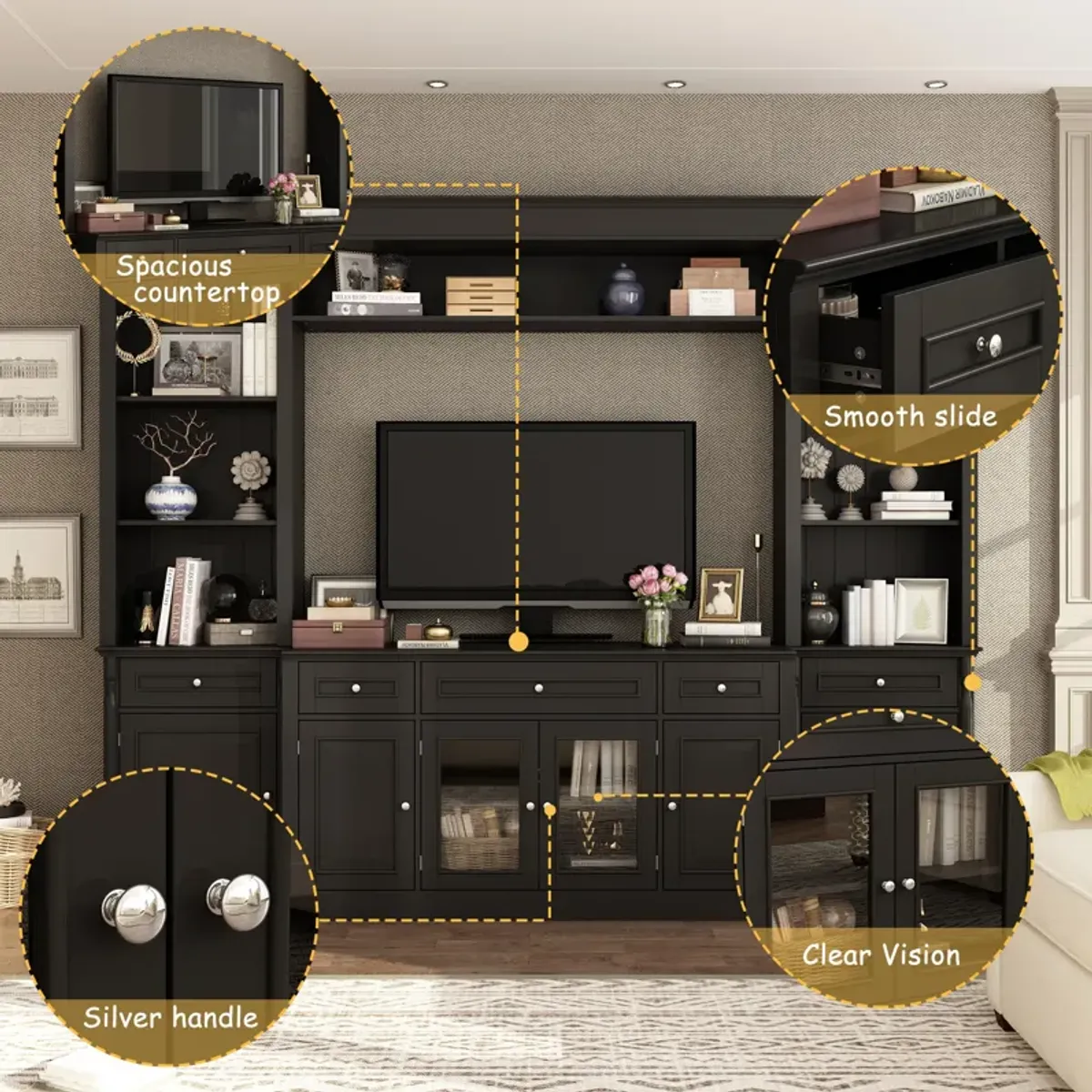 FUFU&GAGA Modern Black TV Stand with 7 Storage Compartments, P2 MDF, Black Finish (104.3" W x 82.3" H x 17.4" D), Black
