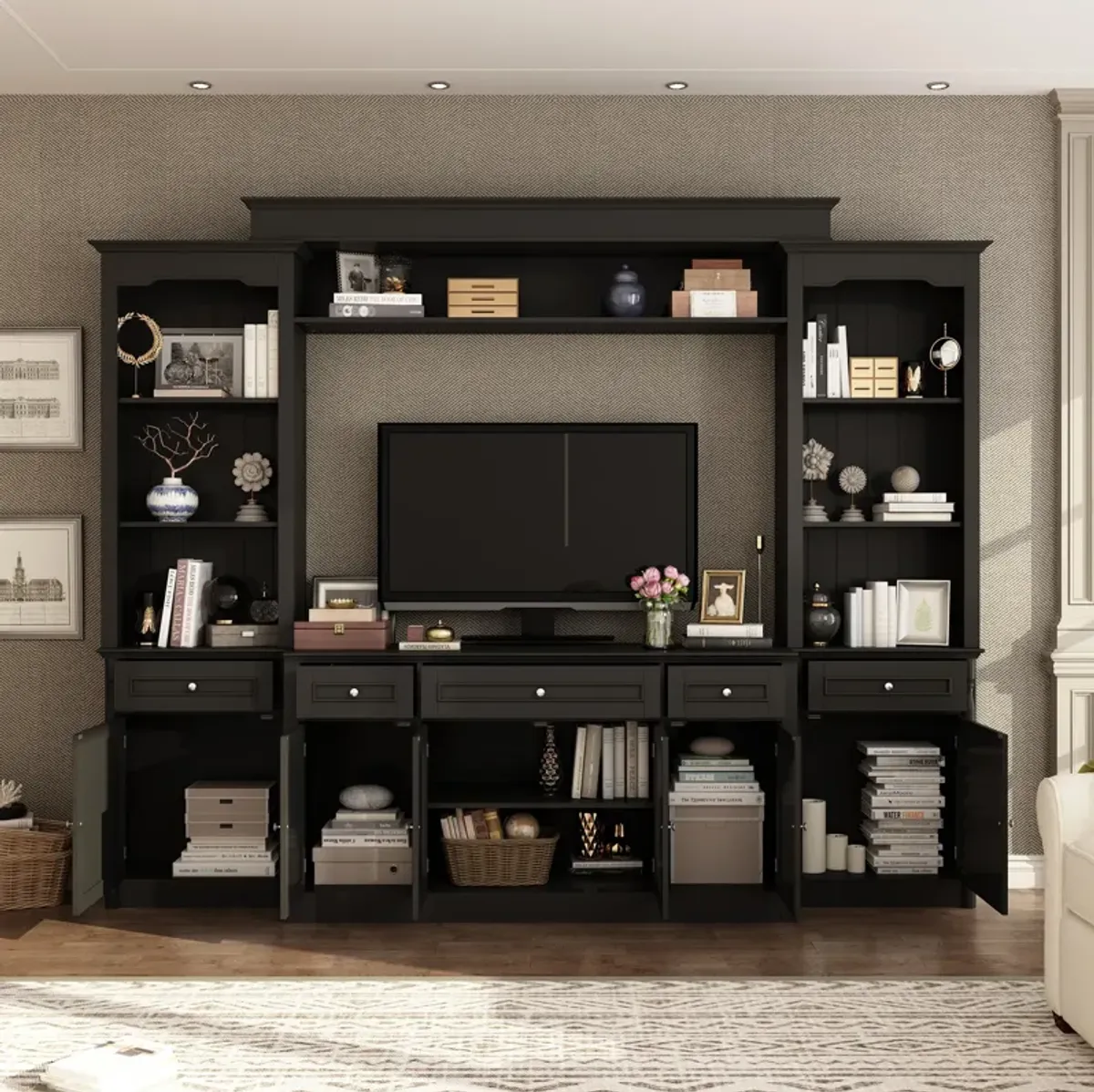 FUFU&GAGA Modern Black TV Stand with 7 Storage Compartments, P2 MDF, Black Finish (104.3" W x 82.3" H x 17.4" D), Black