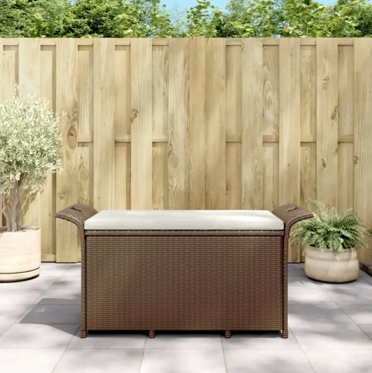 vidaXL Poly Rattan Patio Bench with Cushion - Weather-Resistant Garden Seat with Ample Storage & Comfortable Seating - Powder-Coated Steel Frame - Brown