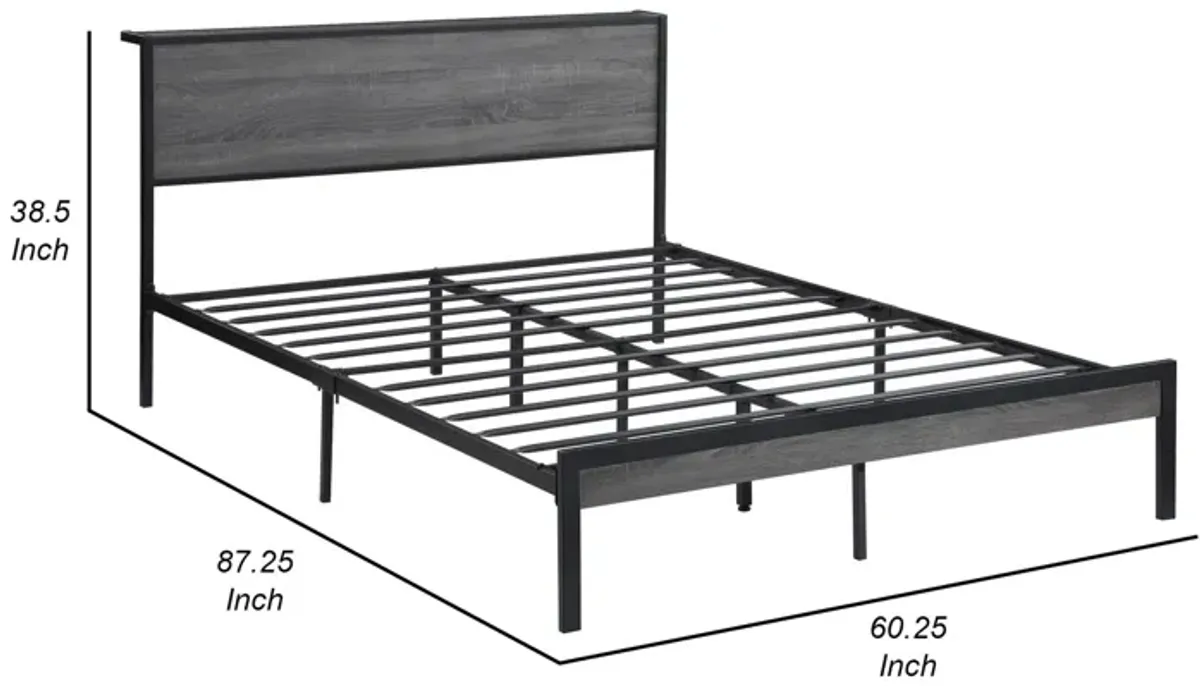 Rick Queen Size Platform Bed, MDF Panel Headboard, Gray, Black Metal - Benzara