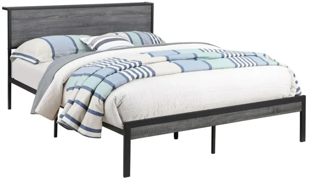 Rick Queen Size Platform Bed, MDF Panel Headboard, Gray, Black Metal - Benzara