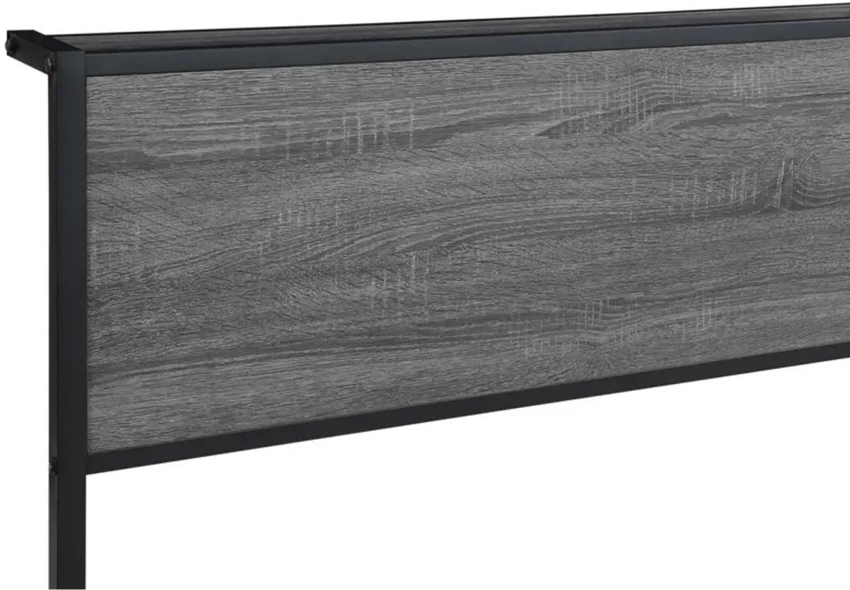 Rick Queen Size Platform Bed, MDF Panel Headboard, Gray, Black Metal - Benzara