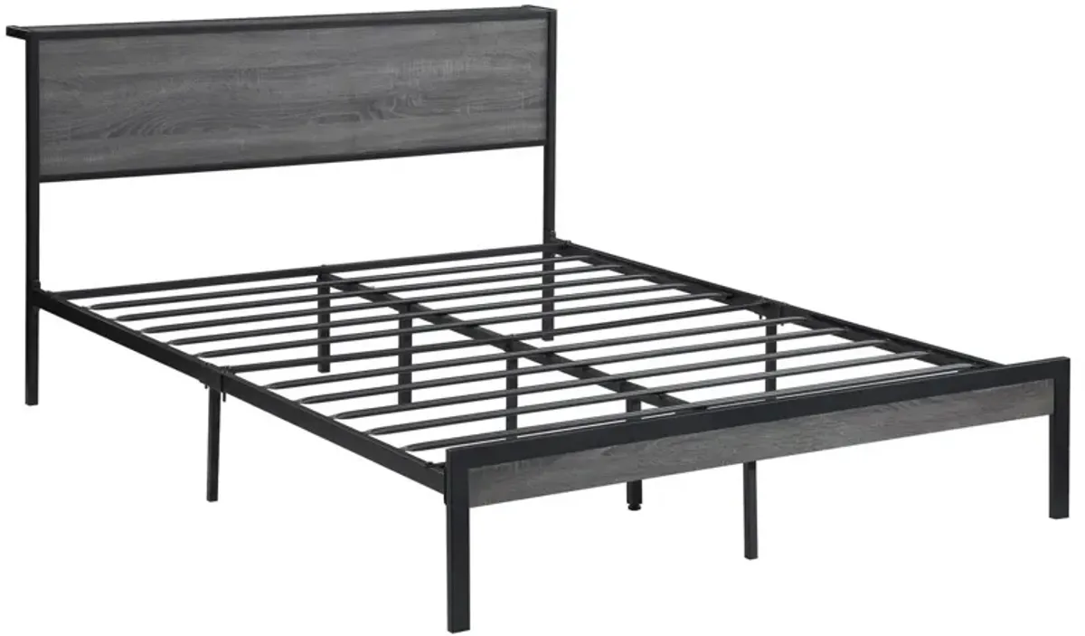 Rick Queen Size Platform Bed, MDF Panel Headboard, Gray, Black Metal - Benzara