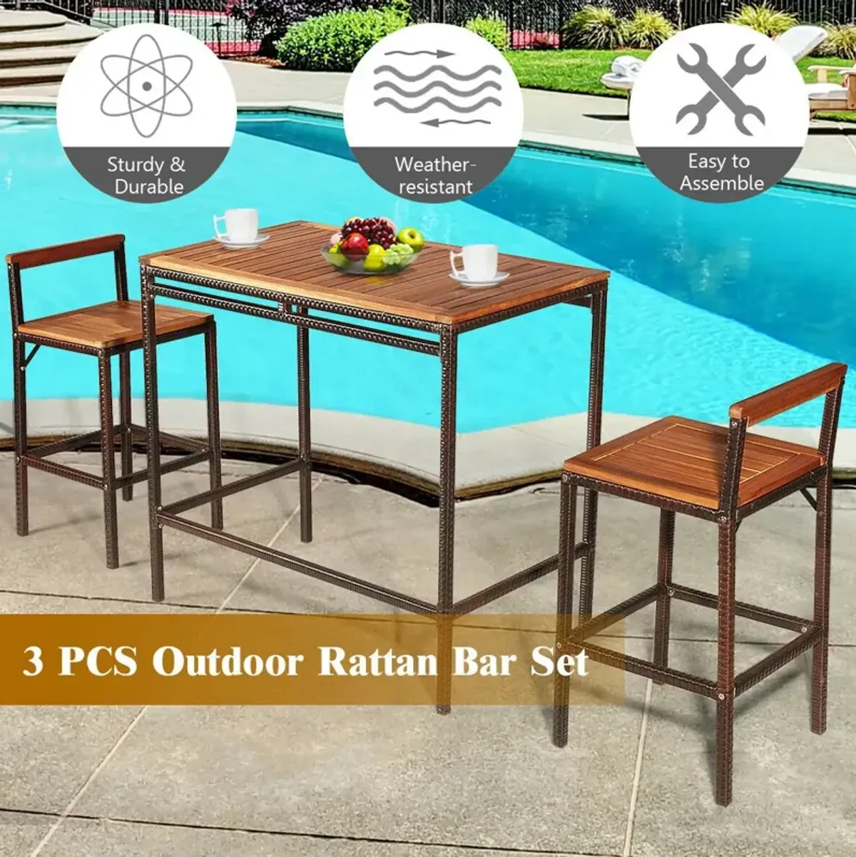 3 Pieces Patio Rattan Wicker Bar Dining Furniture Set