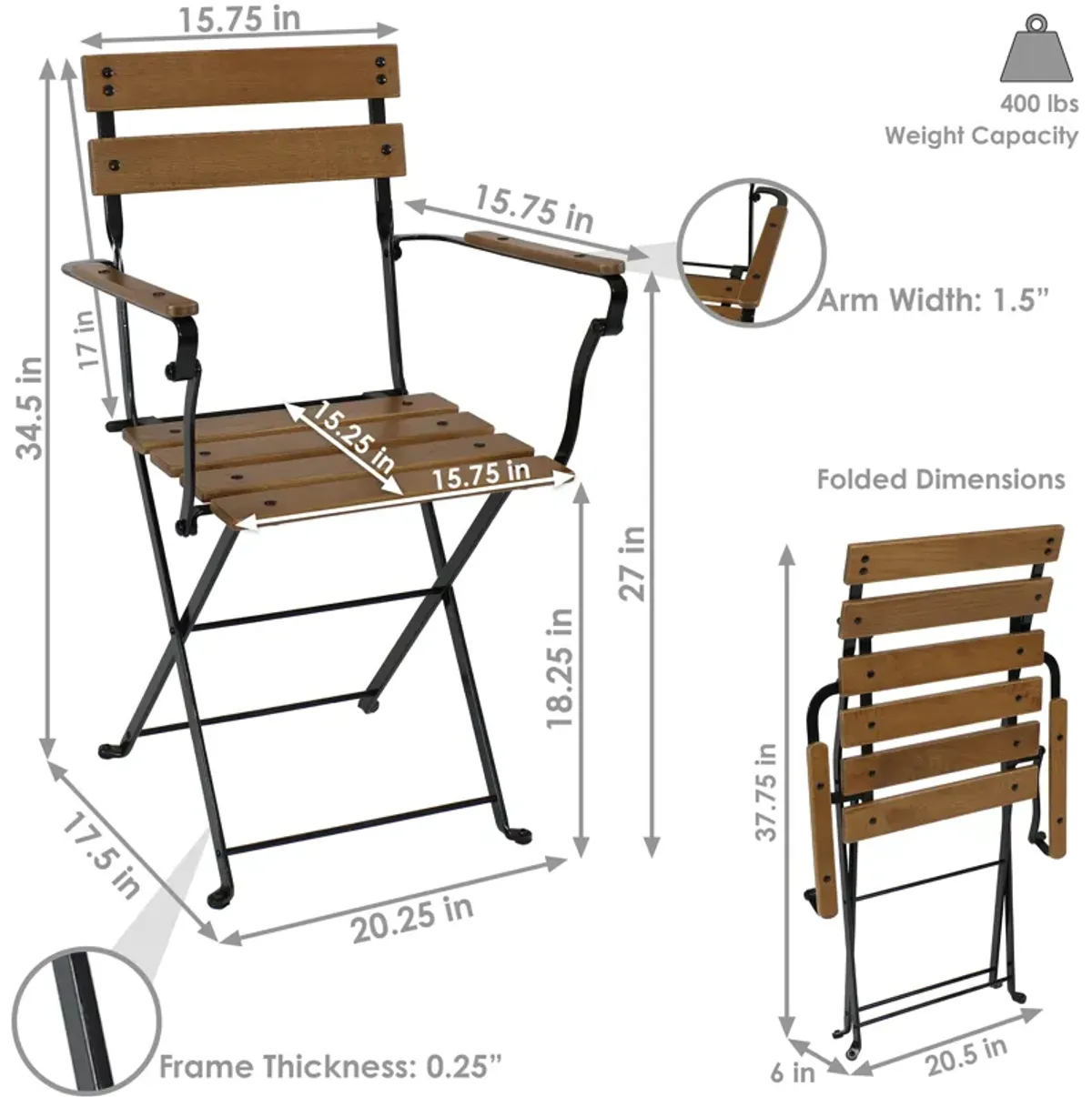 Sunnydaze Basic European Chestnut Folding Bistro Dining Armchair