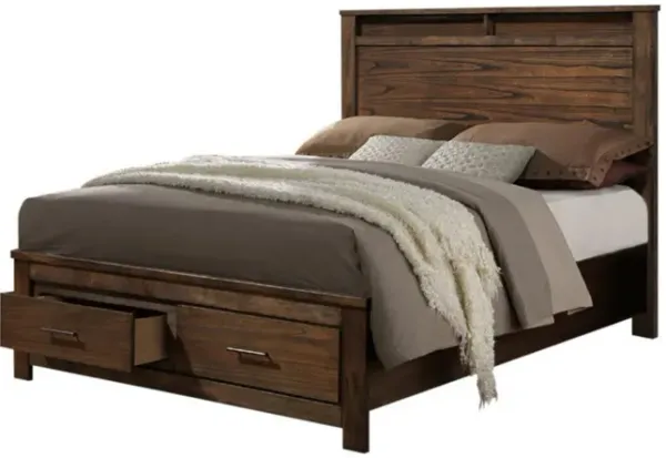 Enchanting Wooden E.King Bed With Display And Storage Drawers, Oak Finish - Benzara