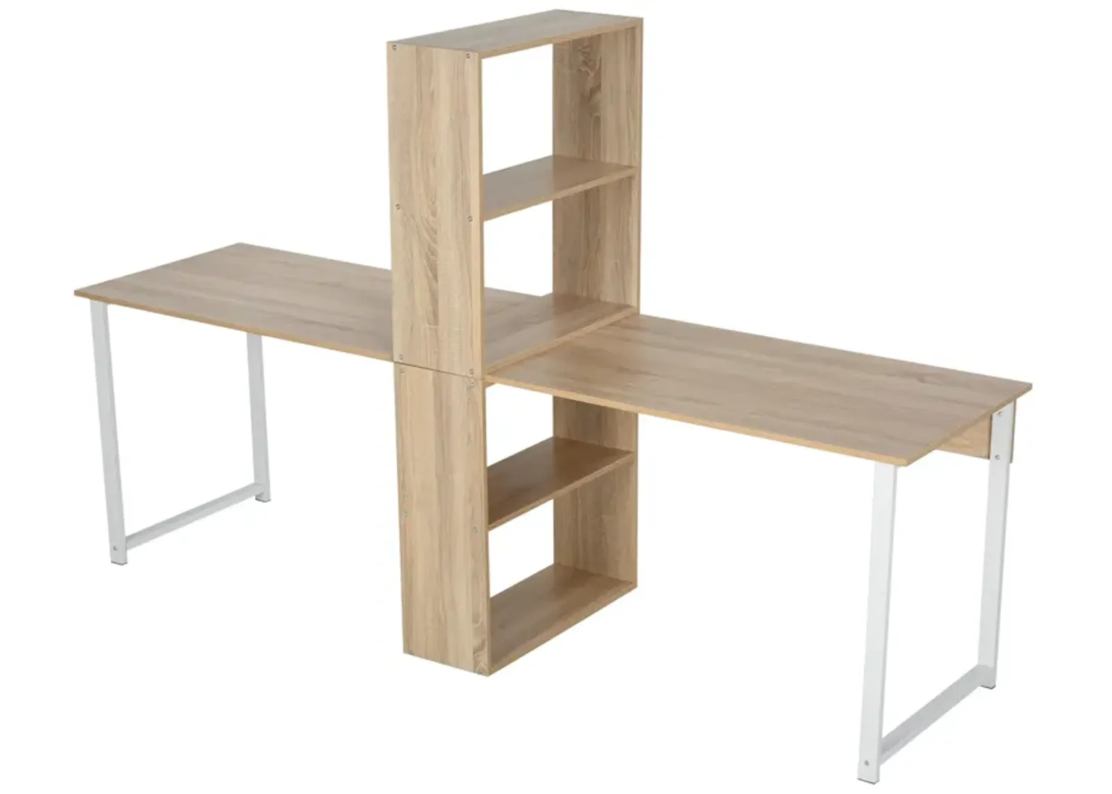 Natural Wood Duo Desk: 88" Double Workstation with Bookshelves