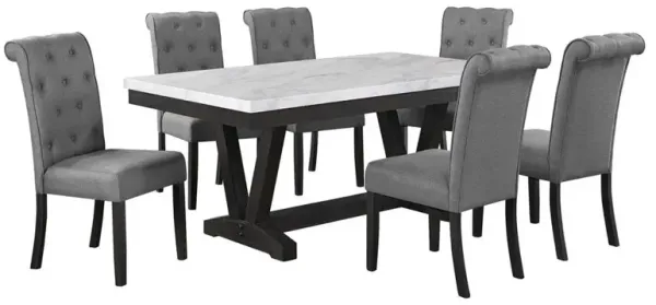 7 pc Dining set Faux Marble Wrap Table set with grey Linen dining chairs