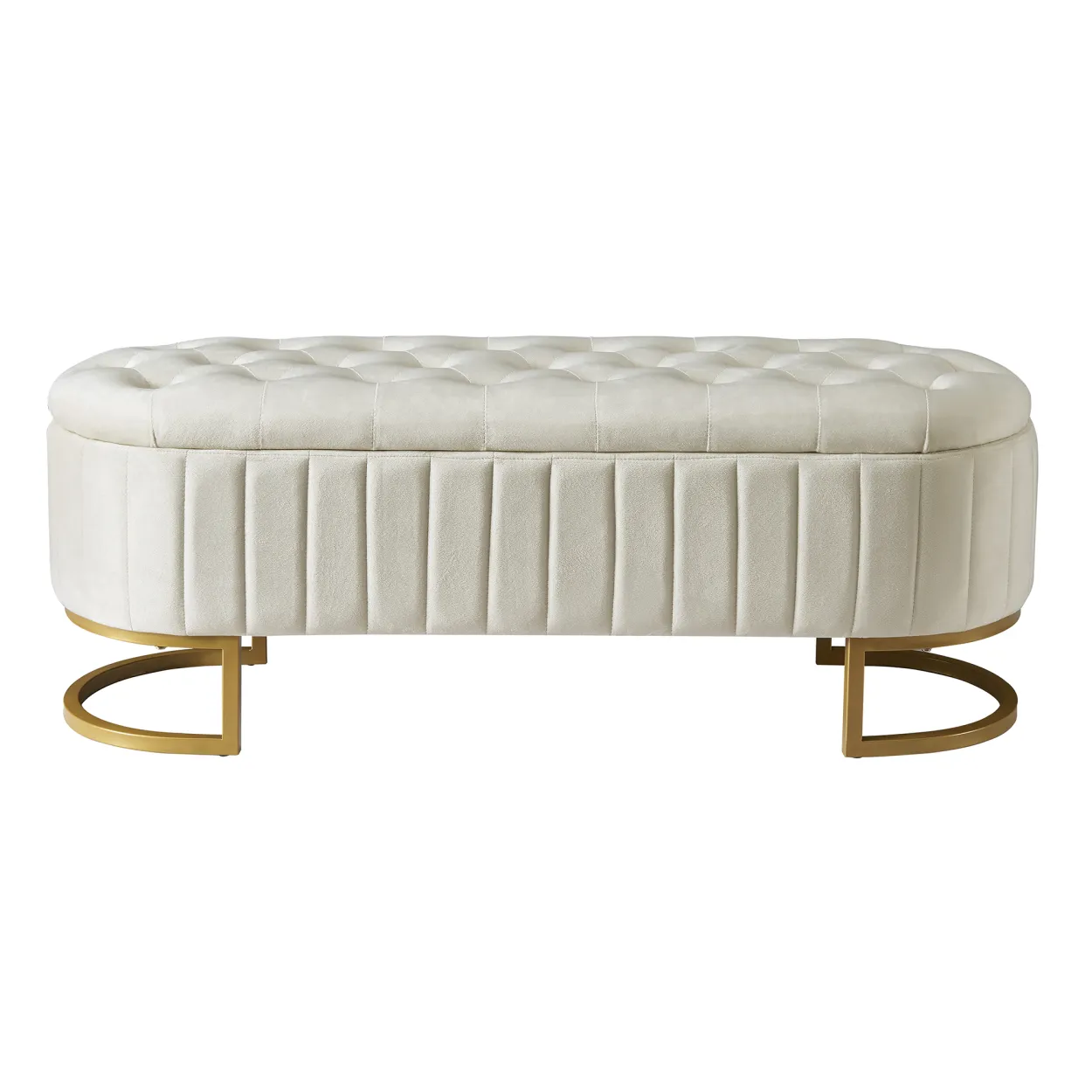 Elegant Upholstered Velvet Storage Ottoman with Button-Tufted, Storage Bench with Metal Legs for Bedroom, Living Room, Fully Assembled Except Legs, Beige