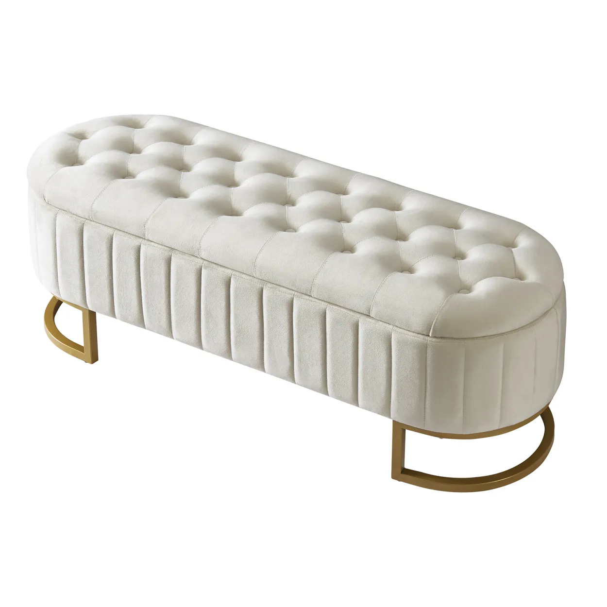 Elegant Upholstered Velvet Storage Ottoman with Button-Tufted, Storage Bench with Metal Legs for Bedroom, Living Room, Fully Assembled Except Legs, Beige