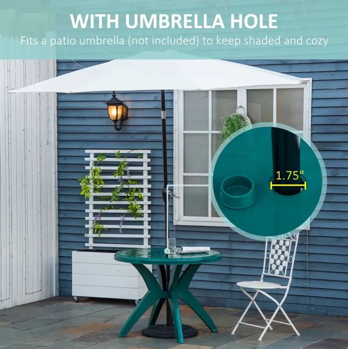 Green Garden Table: Round Outdoor Bistro Table with Umbrella Hole