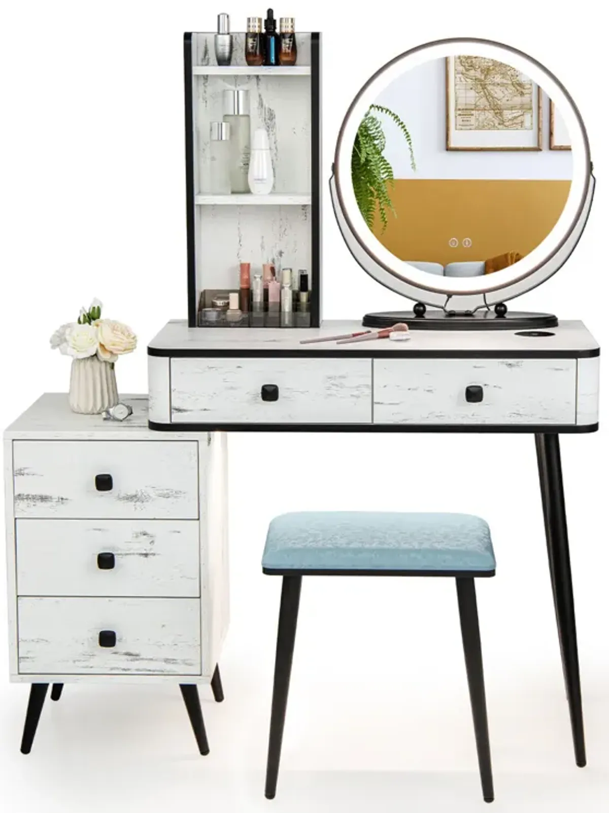 Vanity Table Set with 3-Color Lighted Mirror and Cushioned Stool