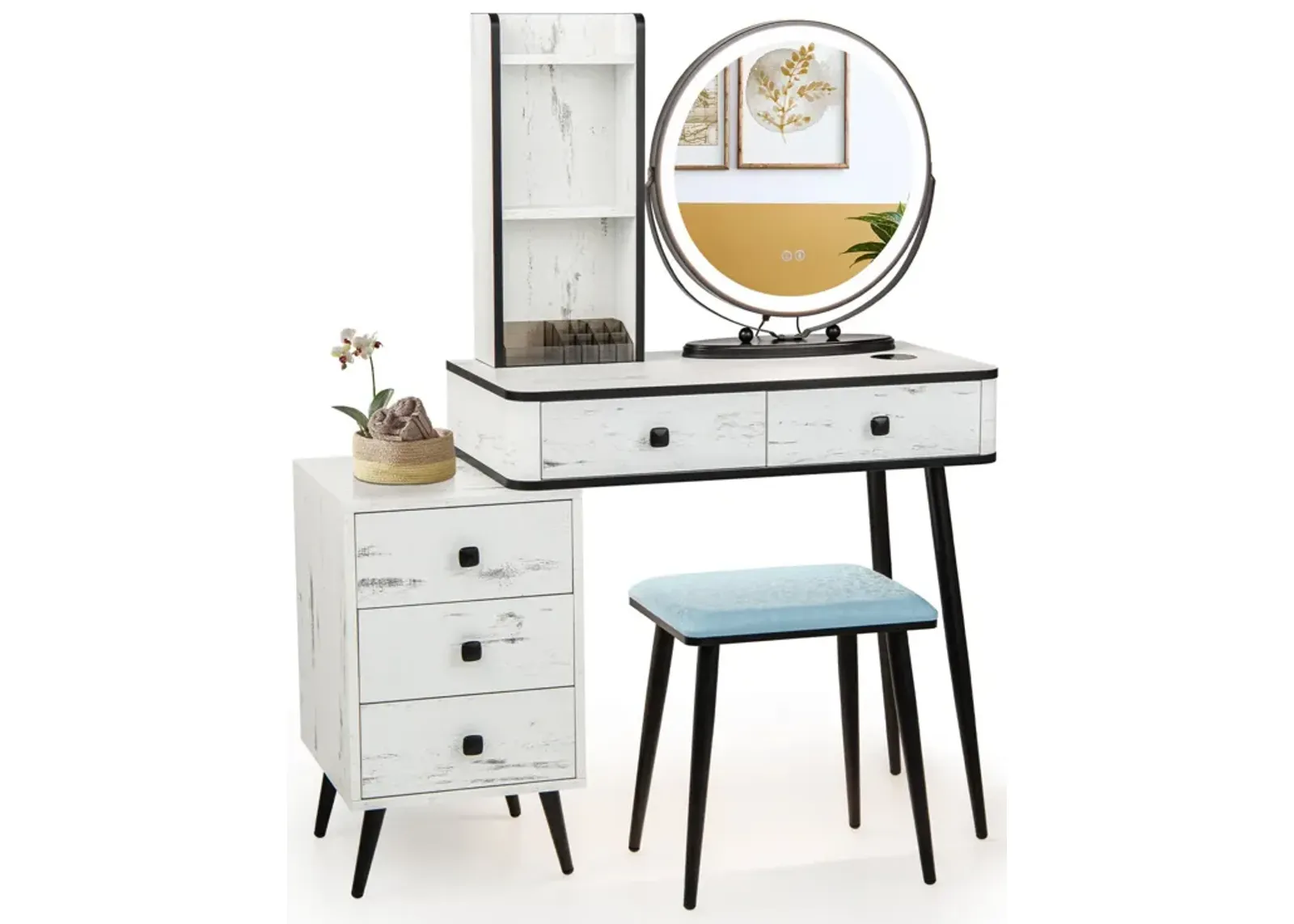 Vanity Table Set with 3-Color Lighted Mirror and Cushioned Stool