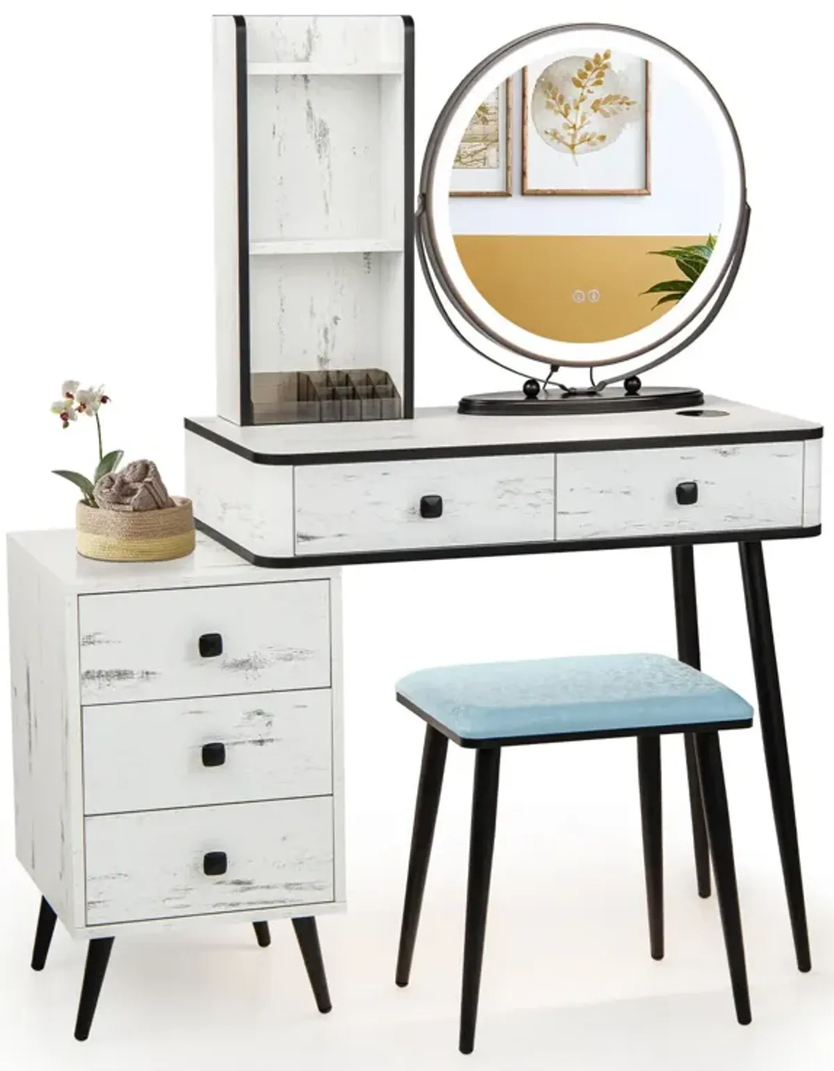 Vanity Table Set with 3-Color Lighted Mirror and Cushioned Stool