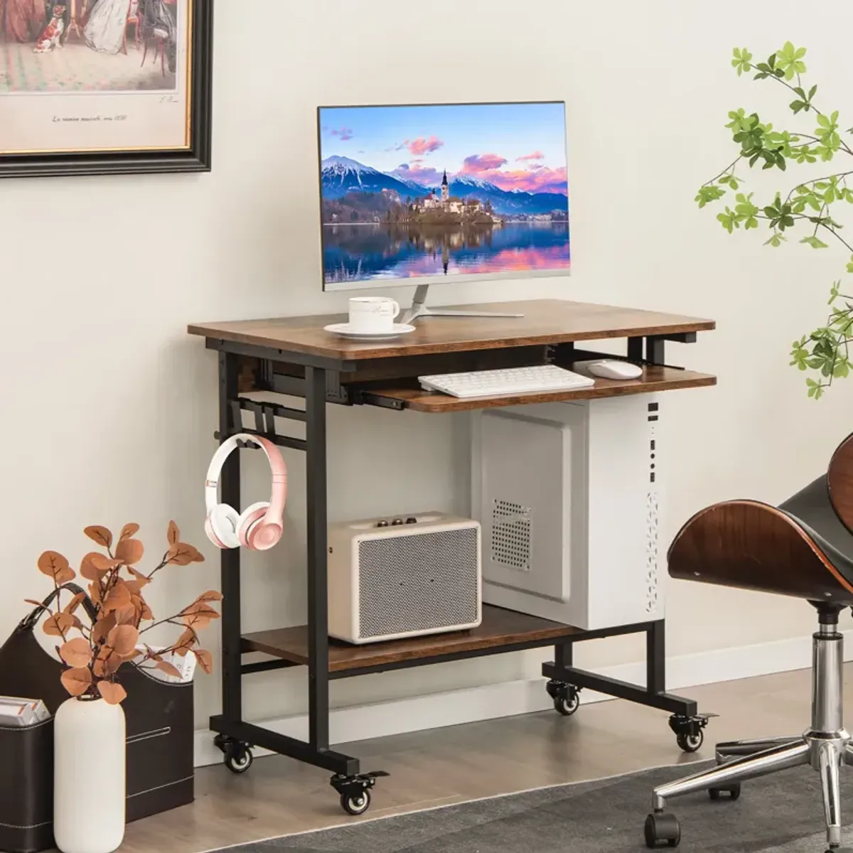 Home Office Computer Desk Cart with Pull-out Keyboard Tray-Rustic Brown