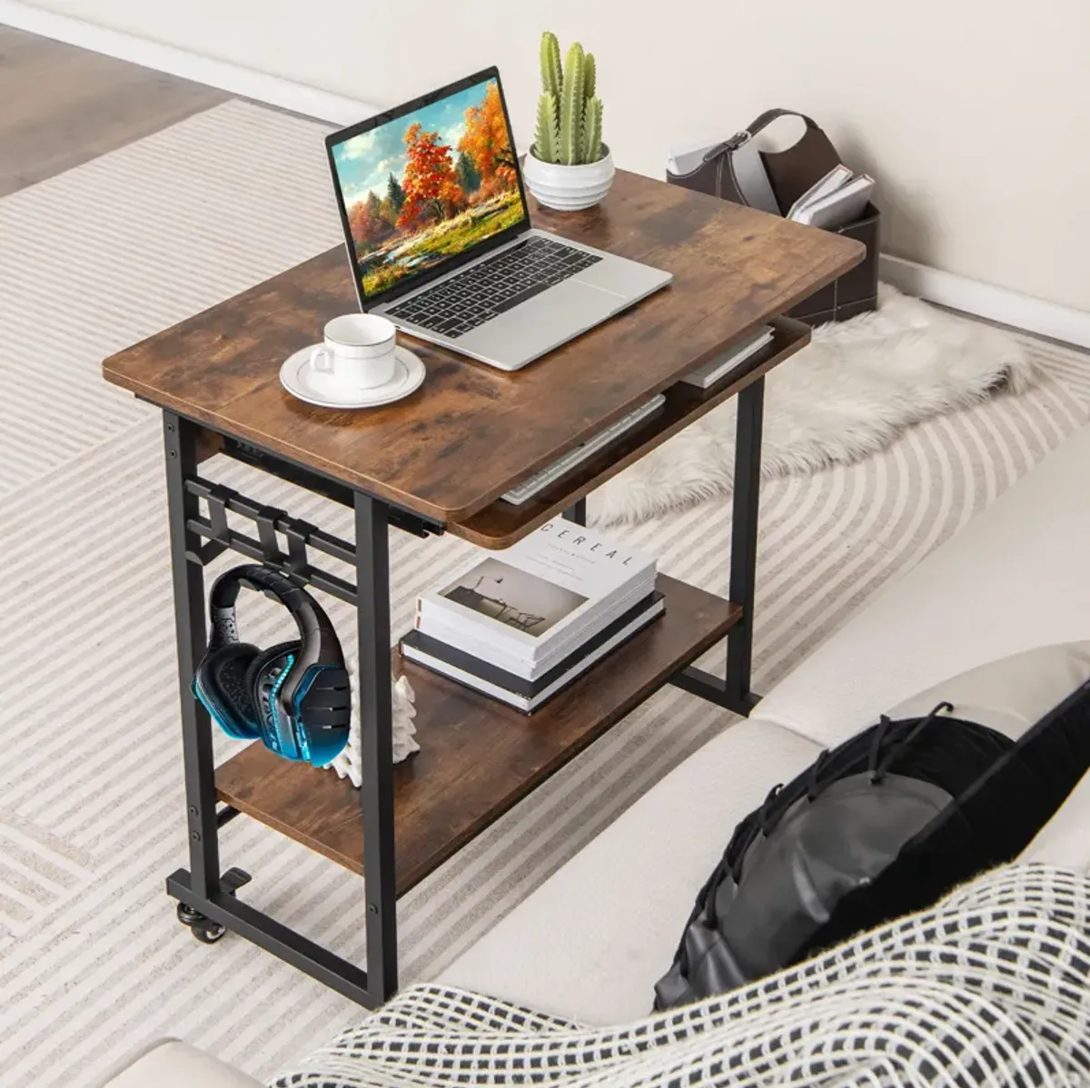 Home Office Computer Desk Cart with Pull-out Keyboard Tray-Rustic Brown