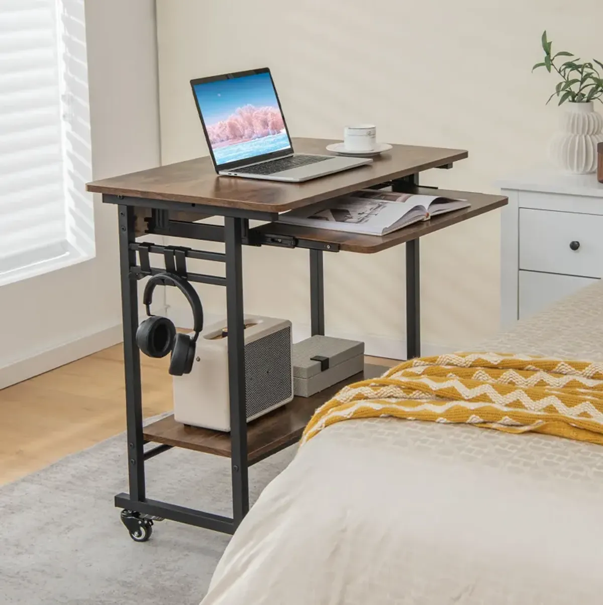 Home Office Computer Desk Cart with Pull-out Keyboard Tray-Rustic Brown