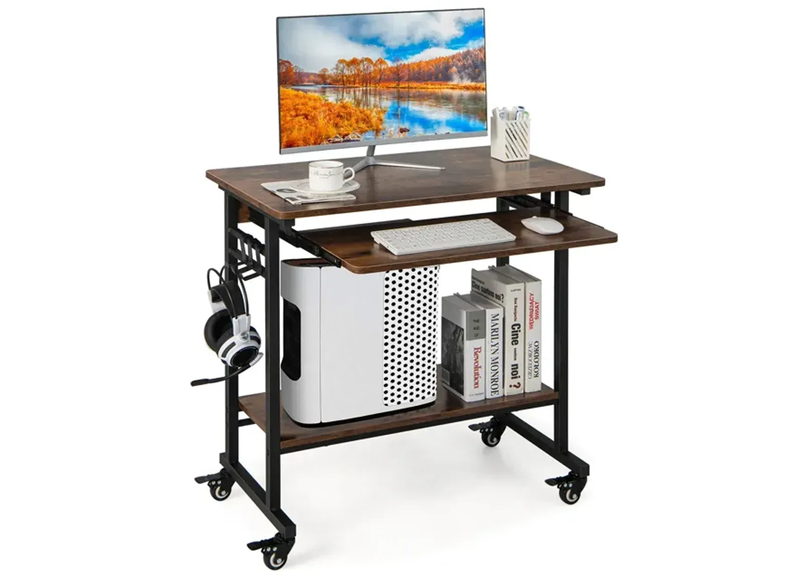 Home Office Computer Desk Cart with Pull-out Keyboard Tray-Rustic Brown