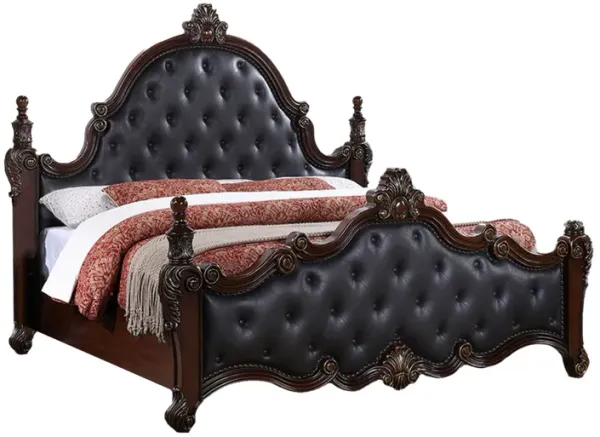 Moni King Bed, Black Button Tufted Classical Upholstery, Cherry Brown Wood - Benzara